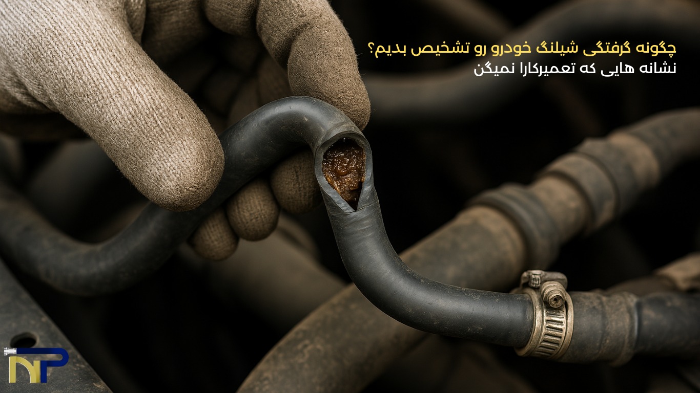 نمای نزدیک از گرفتگی شیلنگ خودرو با رسوبات قهوه‌ ای